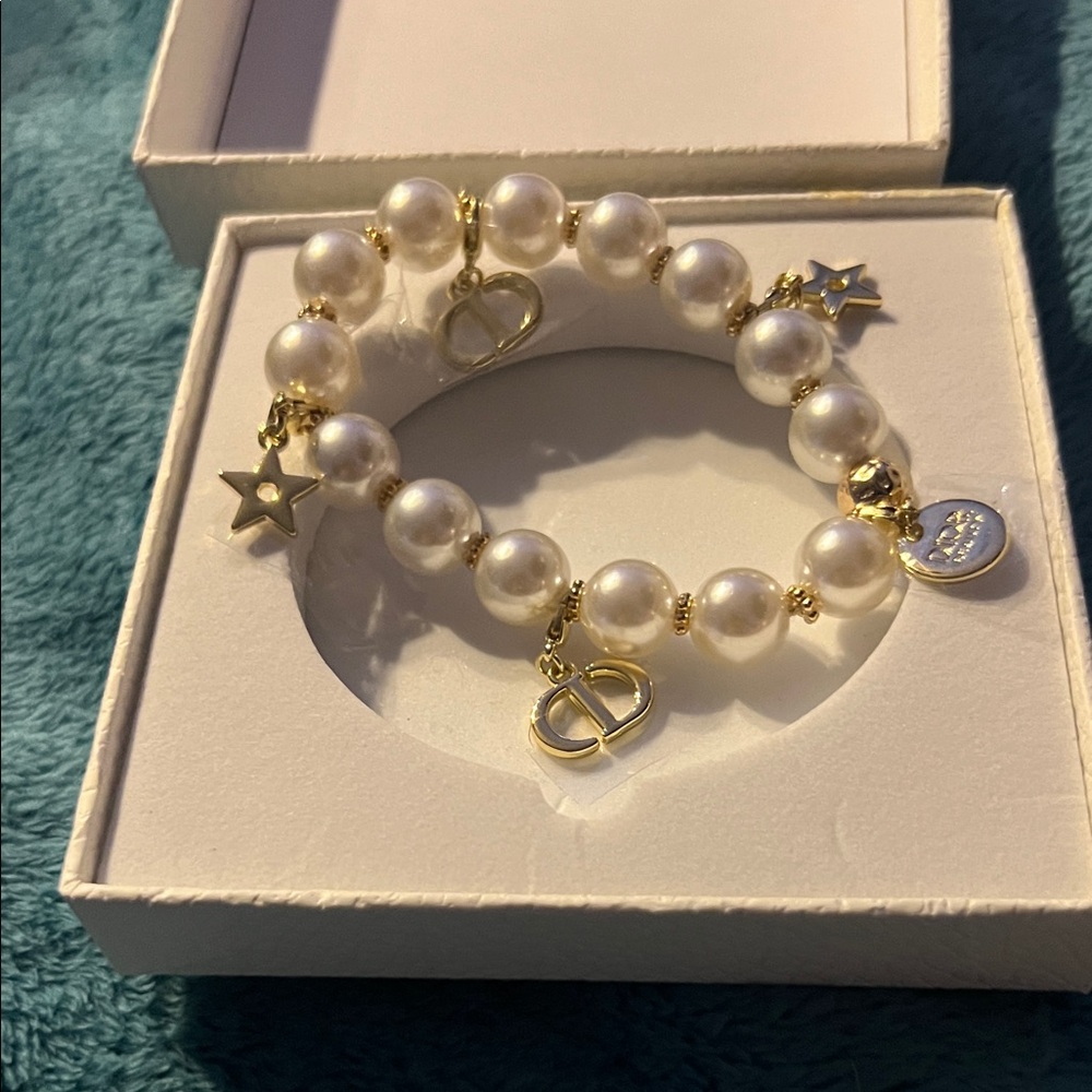 Dior Gold and White Pearl Charm Bracelet